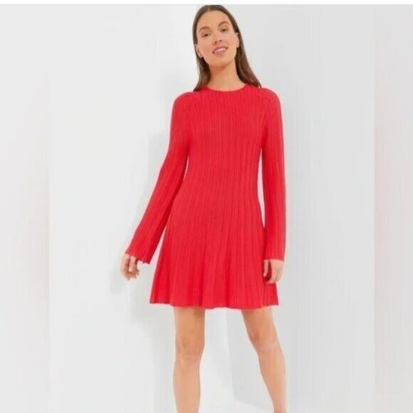 Pomander Place | NEW Red Adi Knit Round Neckline Bell Sleeve Mini Dress Size L - Picture 1 of 10